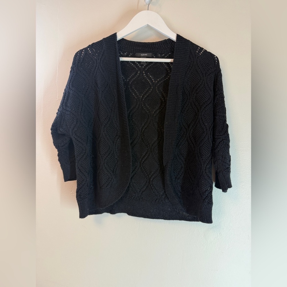 Alfani Women's Black Open Stitched Cropped Cardigan Open Front Crochet Medium